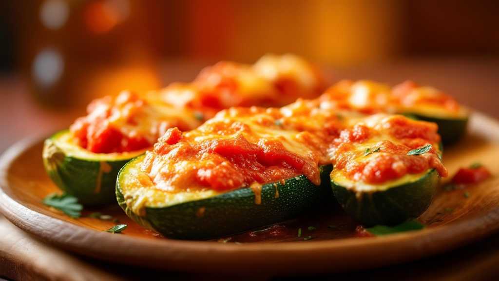 Zucchini boats stuffed with tomato pulp and parmesan