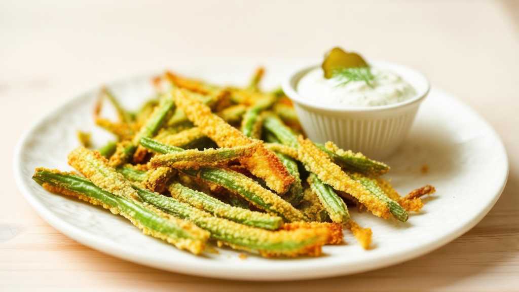 Crispy Baked Green Bean Fries with Dill Pickle Dip