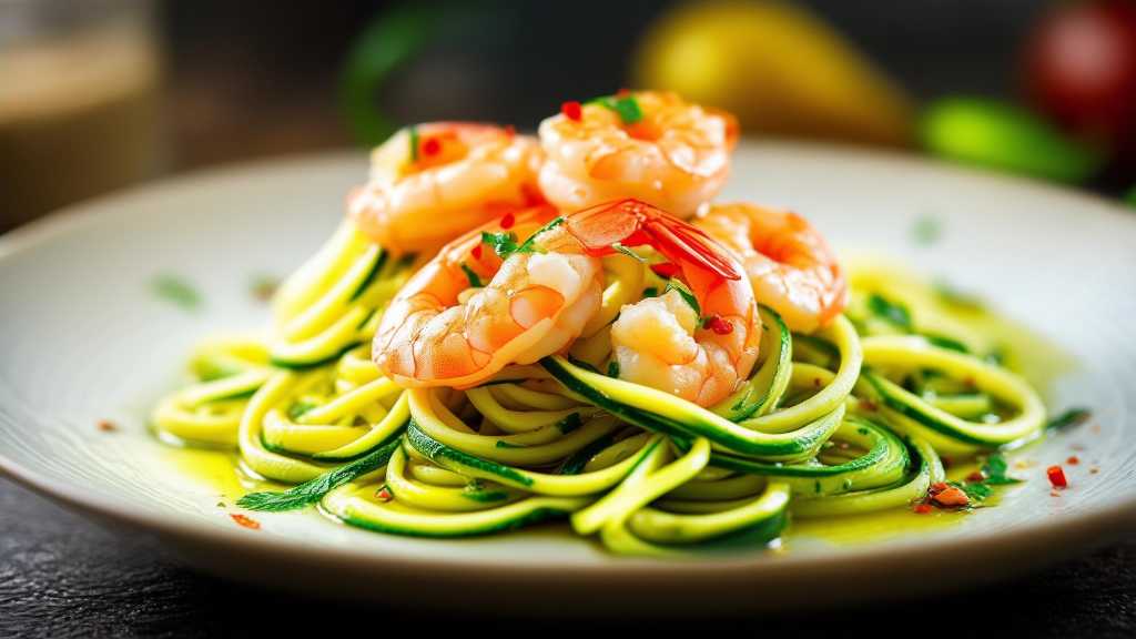 Zucchini Noodles with Prawns in Olive Oil