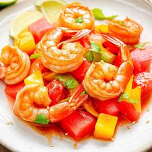 Spicy Shrimp Stir-Fry with Bell Peppers and Watermelon