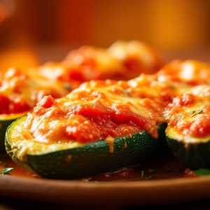 Zucchini boats stuffed with tomato pulp and parmesan