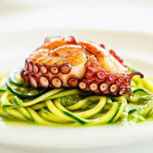 Grilled Octopus with Pesto and Zucchini Noodles