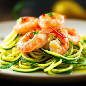 Zucchini Noodles with Prawns in Olive Oil