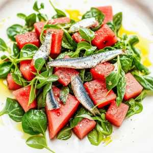 Watermelon, Leafy Greens, and Sardine Salad